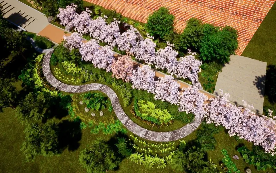 Paju Middle School · 2023–24 — Design visualization of the entrance garden. Detailed design and tree planting.